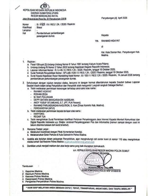 
					Dugaan Wifi Ilegal di Madina Masuk Tahap Penyidikan